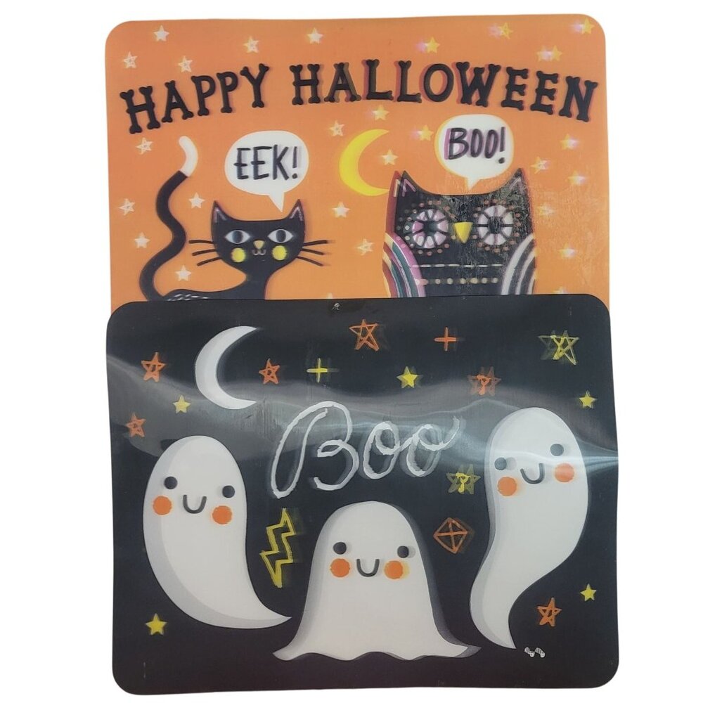 Target Halloween Lenticular Placemats x2 Ghosts Cat Owl Holographic 18"x14" VTG